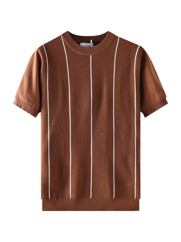 Hombre de cuello redondo camiseta de punto de seda de hielo hombre de lujo ligero de manga corta hombre de alta calidad de verano texturas delgadas chaqueta de hombre