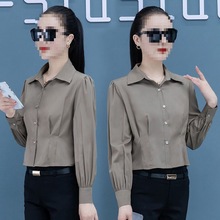 新款春款上衣长袖雪纺衬衫灯笼袖百搭显气质短款时尚女士衬衣潮