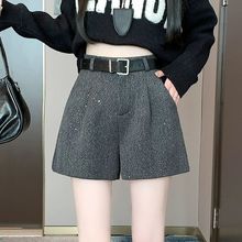 黑色闪闪亮片毛呢短裤女秋冬季高腰显瘦宽松a字阔腿裤靴裤配腰带