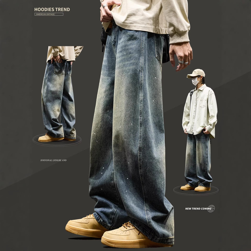 American-Style Men's Jeans for Autumn, Vintage Wash, Wide-Leg Pants, Retro Washed Men's Fashion Straight-Leg Work Pants American-Style Men's Jeans for Autumn, Vintage Wash, Wide-Leg Pants, Retro Washed Men's Fashion Straight-Leg Work Pants