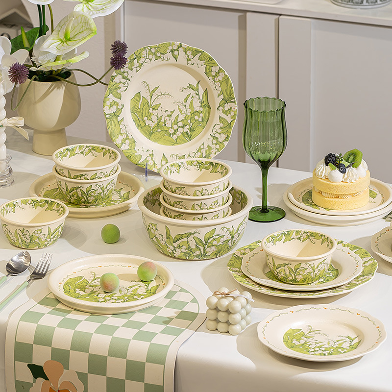 Kangmo Underglaze Ceramic Bowl and Plate Tableware Set, Oil Painting Bowls, Household Plates, Bowls, Spoons, Housewarming Gift