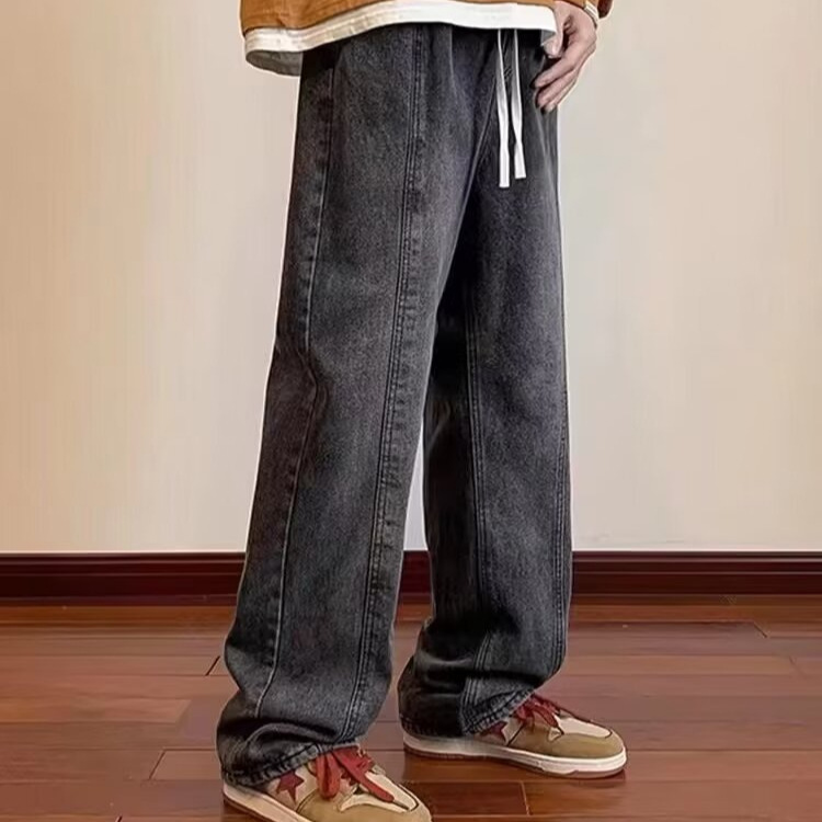 2024 primavera y otoño pantalones vaqueros de cintura elástica todo fósforo para hombres, pantalones de pierna ancha rectos sueltos para adolescentes de la calle principal