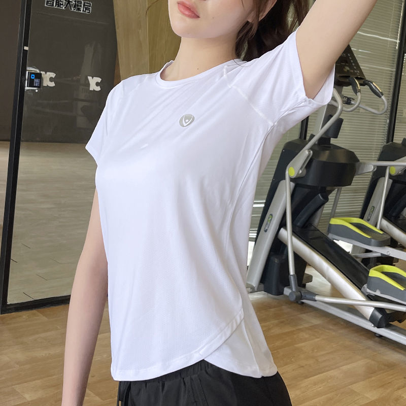 Camiseta deportiva de verano transpirable de yoga running top secado rápido hielo elástico manga corta fábrica de suministro al por mayor