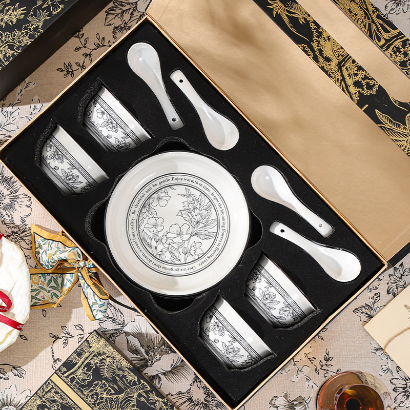 Ceramic Tableware Underglaze Color Black Gold Aerial Garden Set Home Housewarming Gift Bowl Business Event High-End