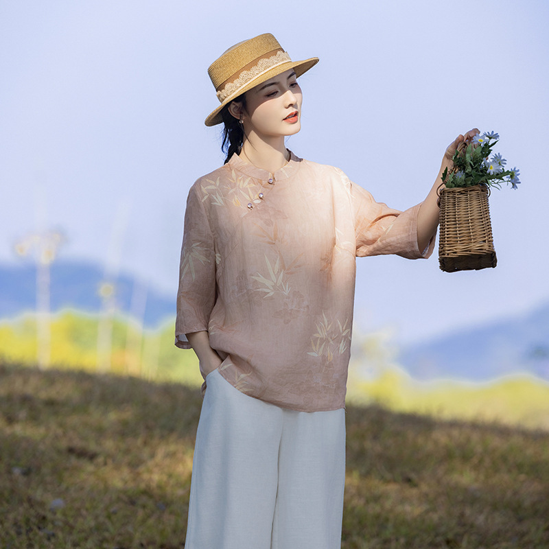 Chinoiserie Retro Design Stand Collar New Chinoiserie Oblique Placket Button Shirt Ramie Heavy Embroider Embroidered Top for Women