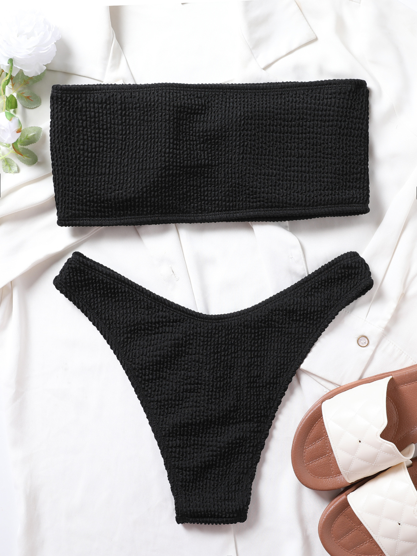 Women's Strapless Two Piece Swimsuit Sexy Solid Color Tight Bikini Style Ribbed_ecoleips.com