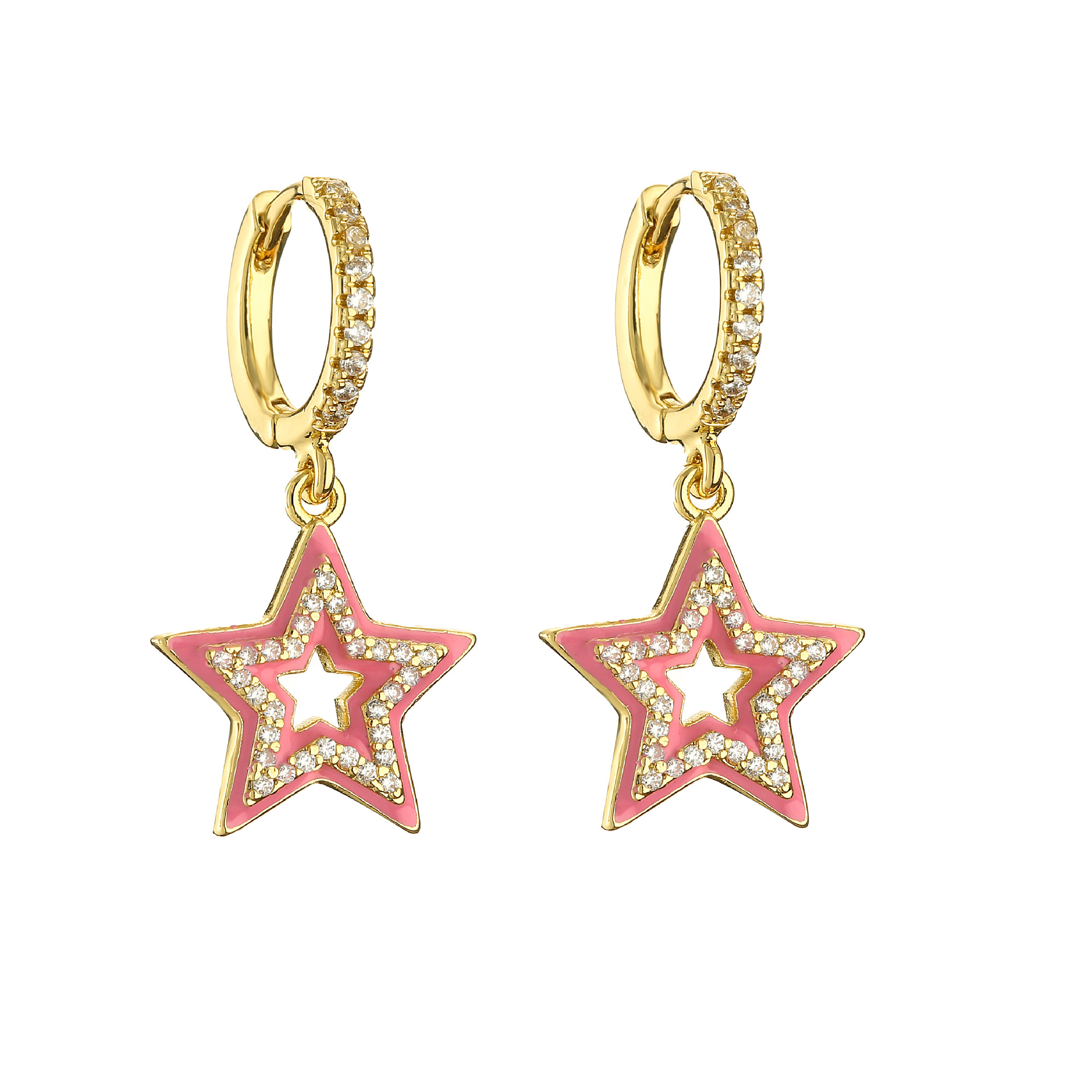 1 Pair Ig Style Pentagram Enamel Inlay Copper Zircon Drop Earrings display picture 2