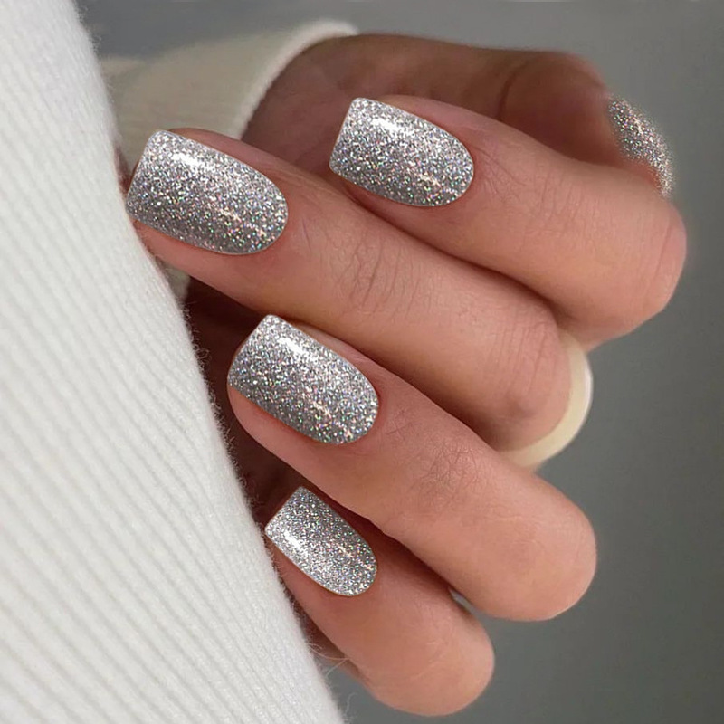 Explosive Short Square Wearable Nails Silver Glitter Fake Nails European and American Ins Style Cross-Border Manicure Nails Wholesale