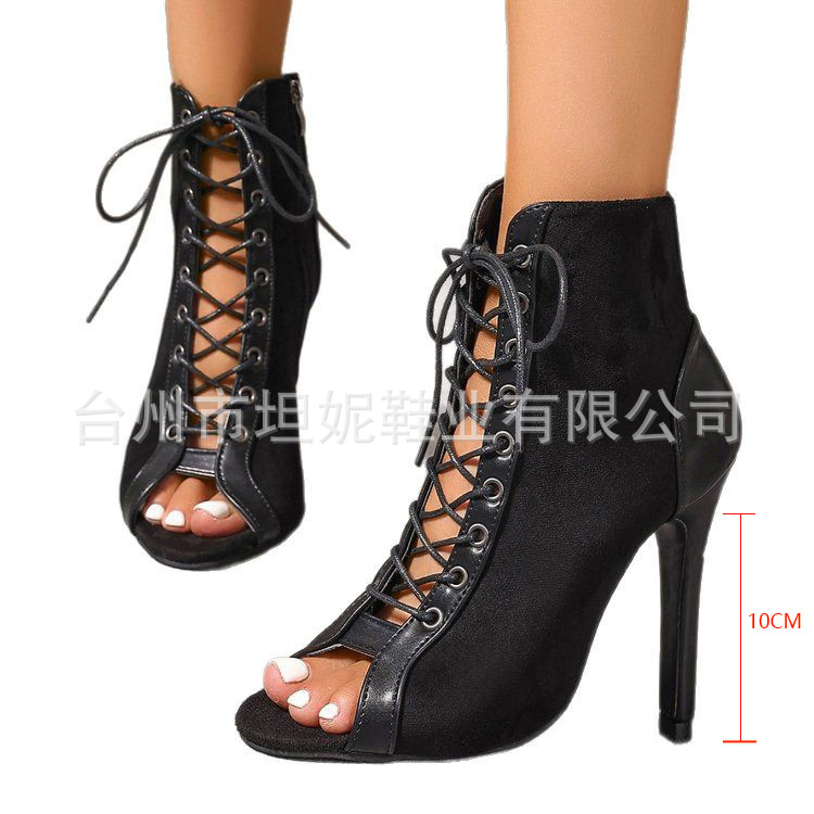 Comercio exterior europeo y americano botas frías de lazos mujeres otoño hueco tacones altos temperamento de baile botas frías tacones altos