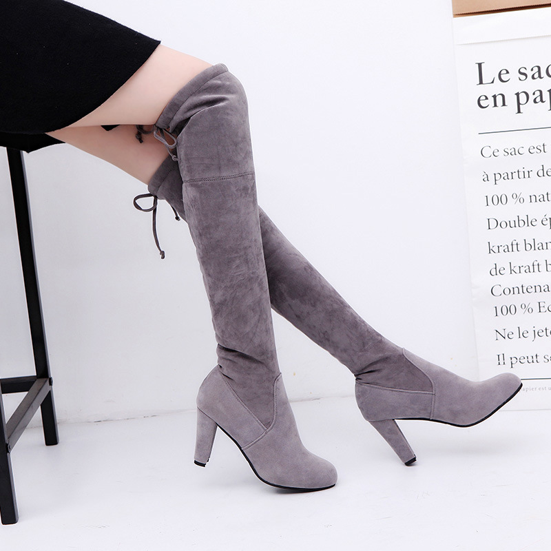 Fleecegefütterte, warme Overknee-Stiefel mit hohem Absatz für Damen, Winter-Neuheit, Blockabsatz, Schnürung hinten, figurformende Stiefel, Größe 43._voghion.com