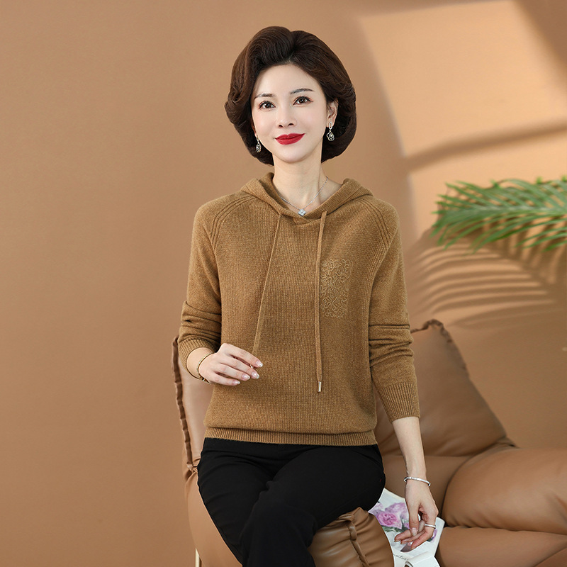 中老年女装2024新款毛衣时尚连帽全毛针织衫百搭妈妈装秋冬羊毛衫，女装针织衫/毛衣，妃慕昵服饰