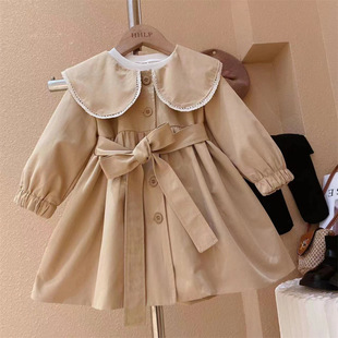 Girls' Stylish Doll Collar Trench Coat, New Korean Version for Spring and Autumn, Waist-Cinching Jacket for Little Girls