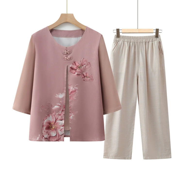 Новый китайский костюм мамы национальный ветер пуговицы, летняя одежда, сшитый круглый воротник, рубашка футболка с короткими рукавами, леди средних лет