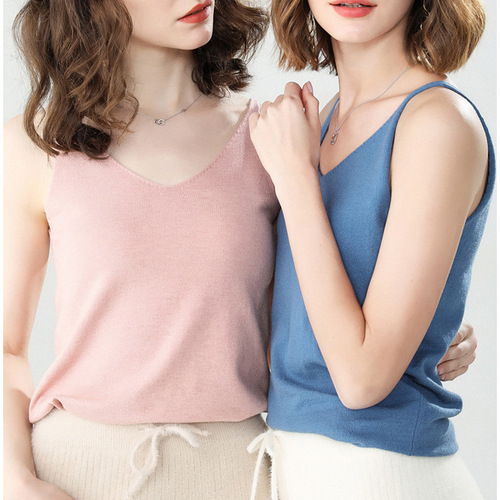 Spring and summer knitted v-neck small suspender sleeveless top sexy vest for women summer outer wear short inner bottoming shirt beach