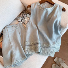 ブルー立体レース刺繍リネンツーピーススーツ女性のための夏の新しい中国風のノースリーブシャツ + ショーツの完全なセット