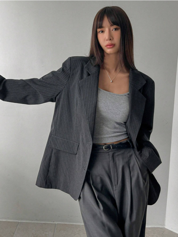 欧美跨境女装批发女式长款细条纹西装外套老钱风休闲风格秋季新款|undefined