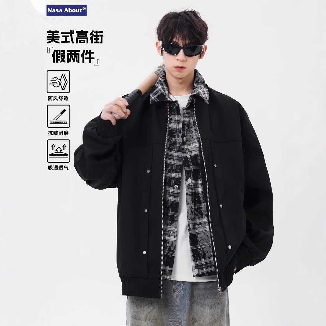 Nasa Fake Two-Piece Jacket Men's Spring and Autum 2025 New Plaid Shirt Collar Boys Pilot Baseball Uniform