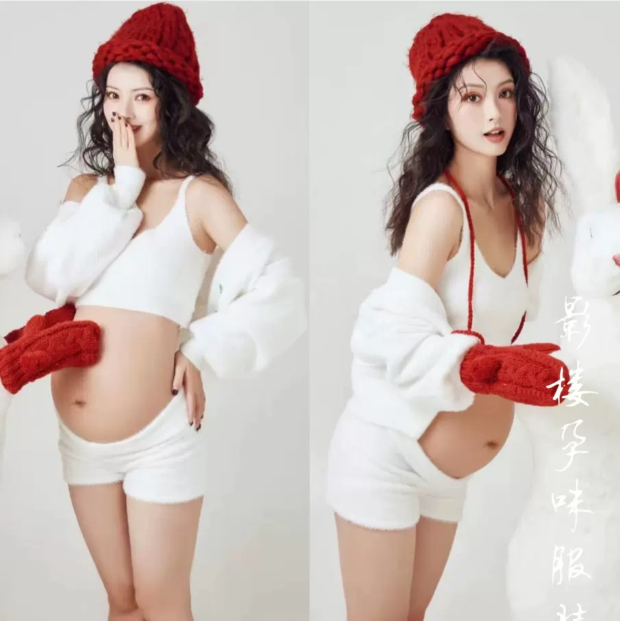 新款孕妇摄影拍照服装小清新性感修身针织孕妈大肚照套装孕妇照