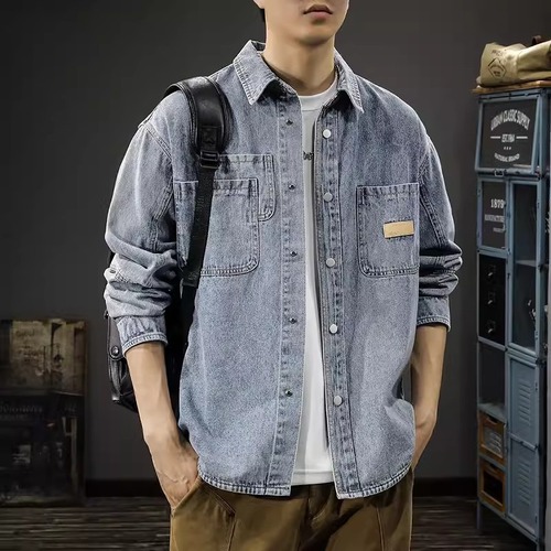 American classic heavy-duty denim shirt for men, long-sleeved, spring fashion brand loose casual work jacket outerwear