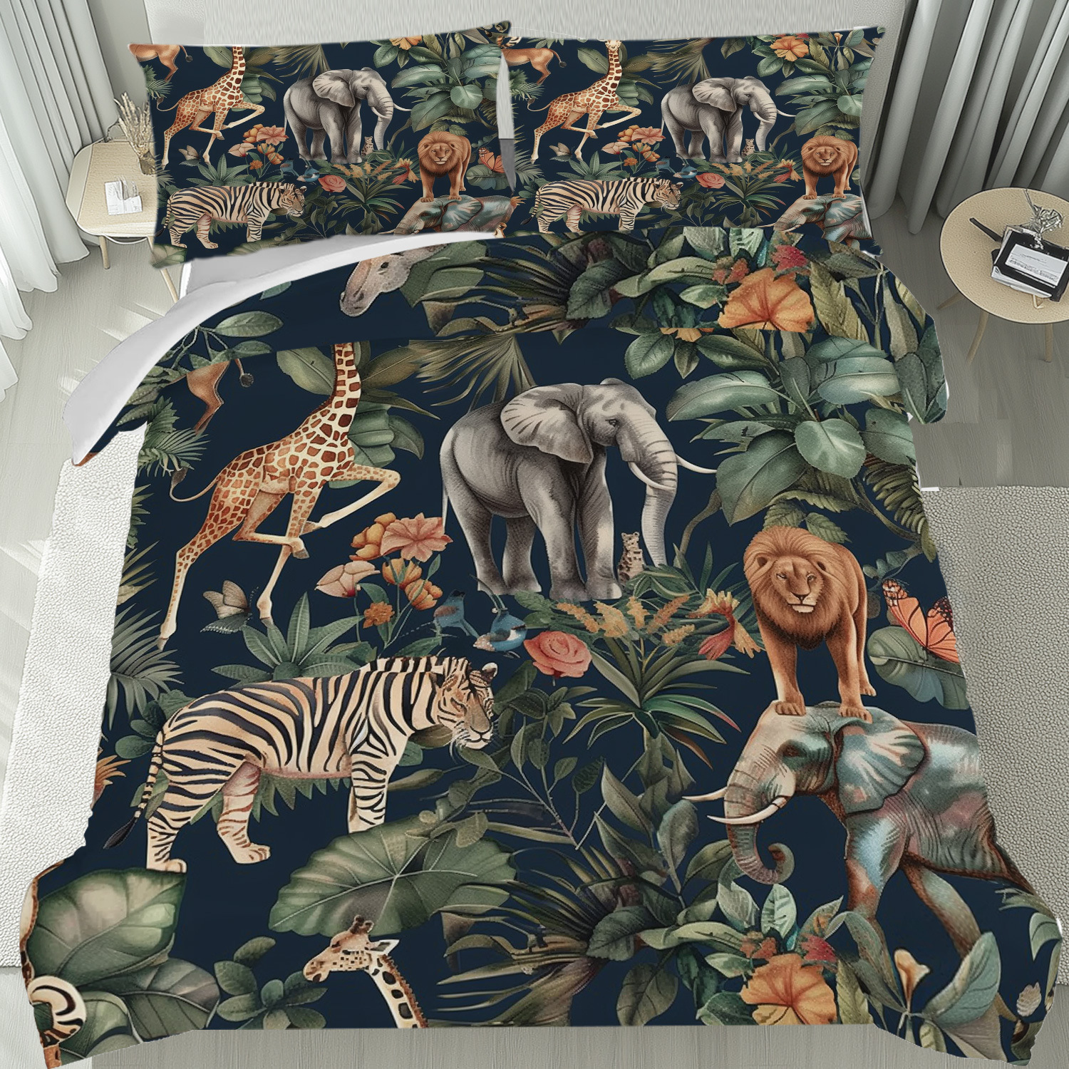 TEMU / JIT impresión digital abrasión oscuro elefante estilo animal set edredón para diseñar