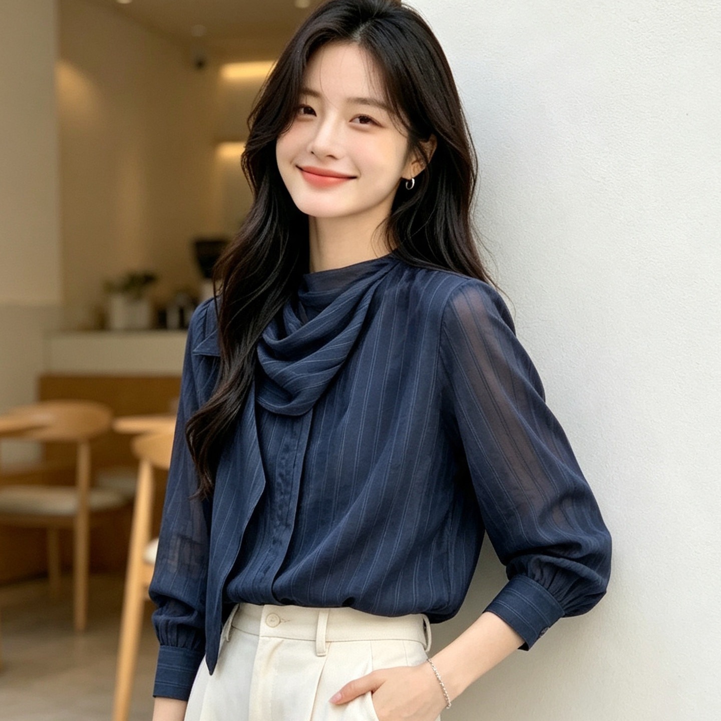 2026 Autumn New Style Ribbon Blouse for Women, Tencel Chiffon, Elegant and Mature Style Top 6F016