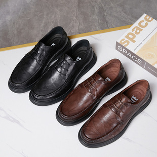 Hand-Grabbed Cowhide Men's Casual Leather Shoes 2025 Autumn and Winter New Thick-Soled Straps Comfortable Business Men's Shoes Factory Wholesale