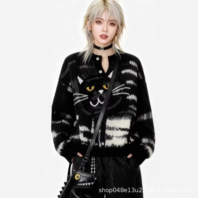 Couple's Sweater, Lazy Style, Smart Cat, Men's and Women's Autumn and Winter Loose Cashmere New Round Neck Sweater Trend