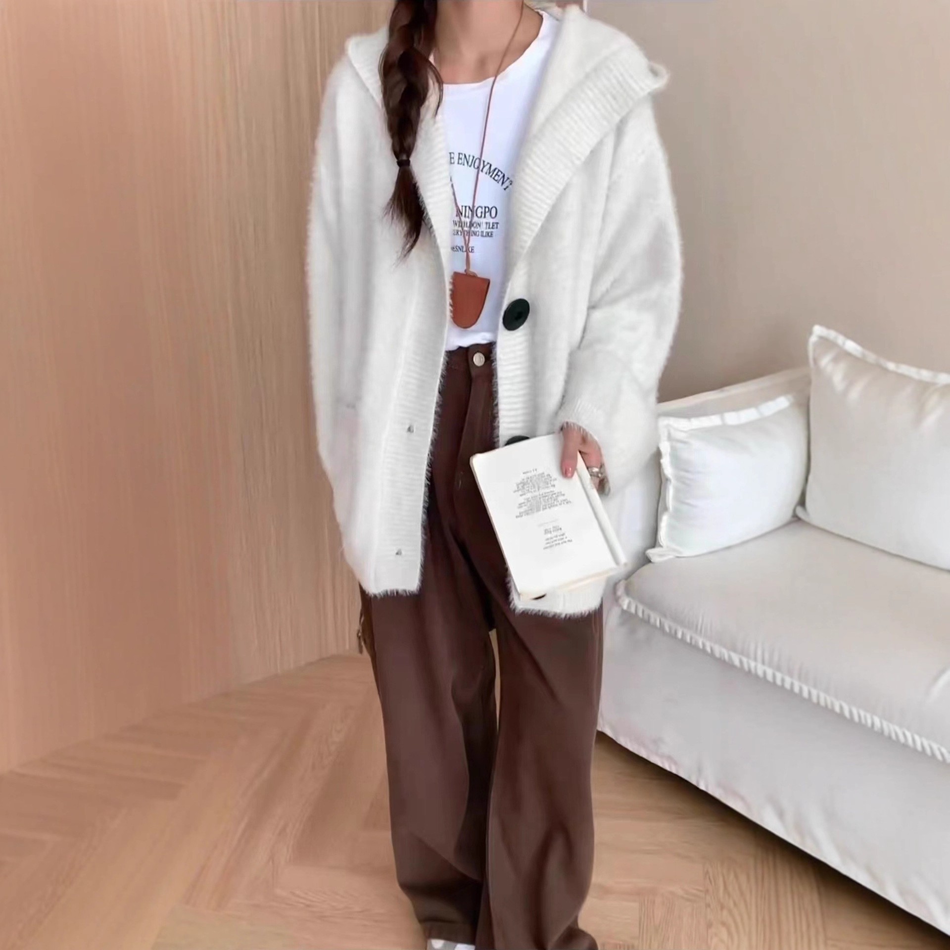慵懒风时尚连帽纯色针织开衫女秋冬新款跨境软糯宽松百搭休闲外套