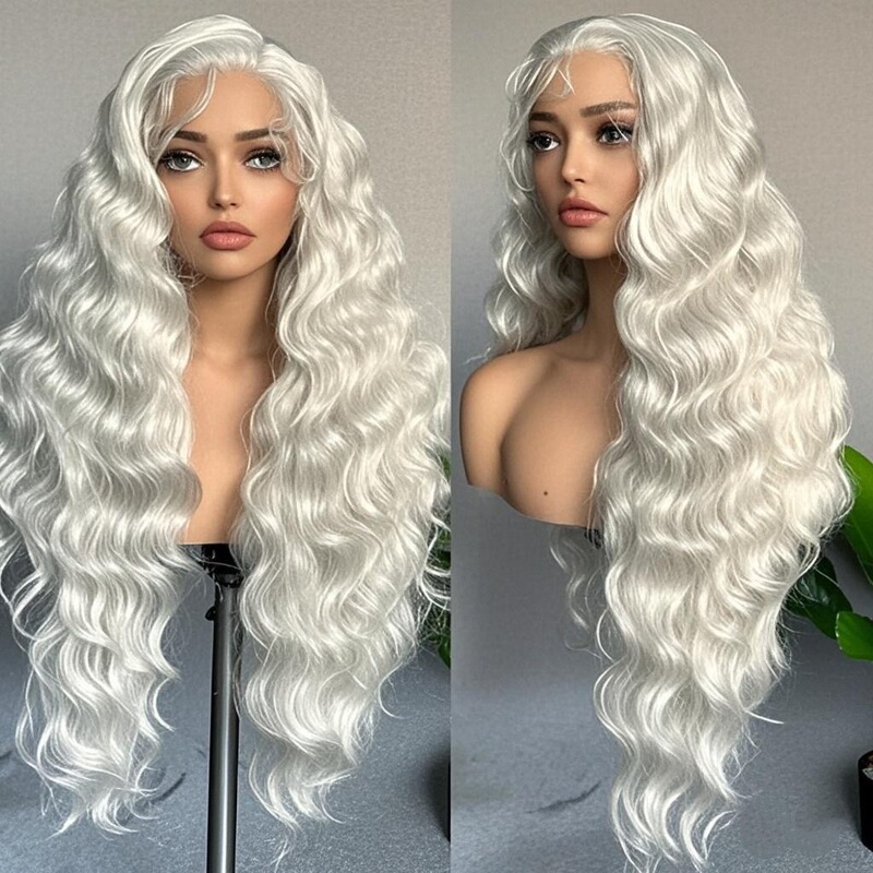 Front Lace Wig Women's Medium Split Creamy White Big Wave Long Curly Hair Fashion Full Hair Cover