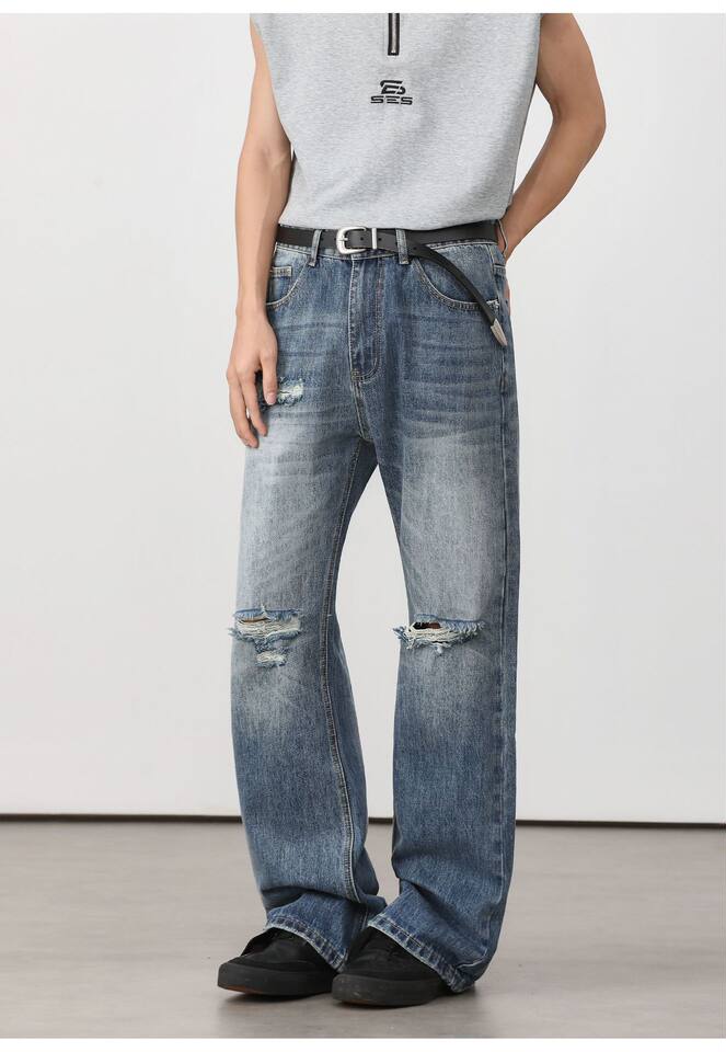 Quần jean nam ống loe nhẹ rách gối phong cách retro, dáng rộng ống suông tôn dáng, quần dài casual — Xanh nhạt, Xanh đậm chi tiết 22