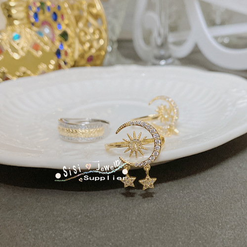 SIsi geometric niche sparkling diamond star and moon open ring gold-plated cool style internet celebrity fashion moonlight ring