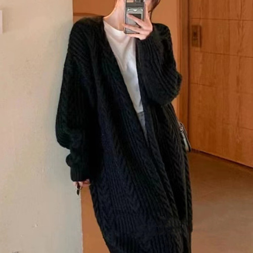 Retro lazy style versatile knitted hemp pattern autumn and winter loose, thick and warm long cardigan sweater jacket for women