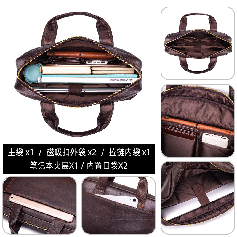 Cặp công sở nam da bò lớp đầu tiên Lion Leiden, túi xách tay đeo vai đựng laptop 15.6 inch — Màu cà phê, Màu đen