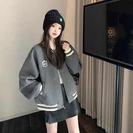 美式复古小个子棒球服短外套厚女宽松休闲学院风灰色夹克上衣秋冬