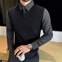 秋冬新款加厚假两件男士衬衫厚毛呢保暖纯色针织商务休闲日常批发