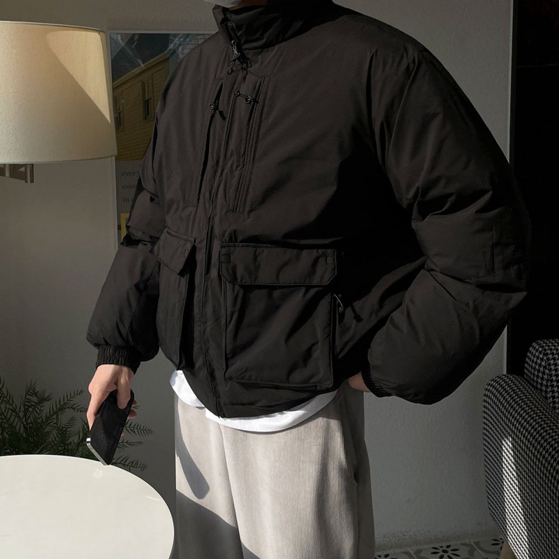 MYQ estilo japonés ropa de trabajo collar de pie abrigo de algodón acolchado abrigo de invierno de los Hombres estilo coreano suelta cálida chaqueta engrosada abrigo de algodón acolchado