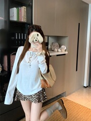 白色不规则纽扣长袖T恤女早秋薄款防晒罩衫宽松百搭休闲打底上衣