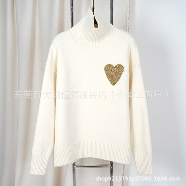 圣诞新款高领套头爱心字母A毛衣长袖羊驼毛宽松慵懒男女同款针织