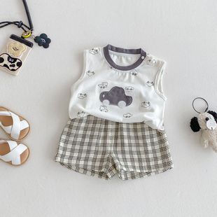 Children's Plaid suit 2025 New Summer Boys Tape Car Vest Baby Korean Shorts Two-piece Set