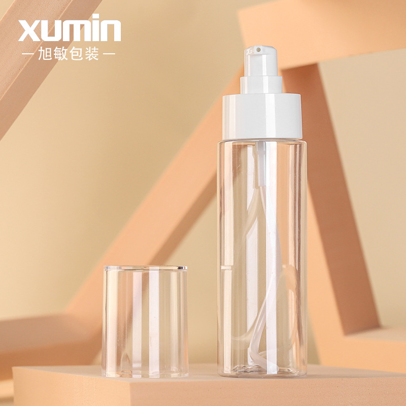 En stock Xumin 120ml blanco cabeza de la bomba botella de la prensa transparente cubierta completa botella de loción 150ml esmerilado botella de spray para mascotas