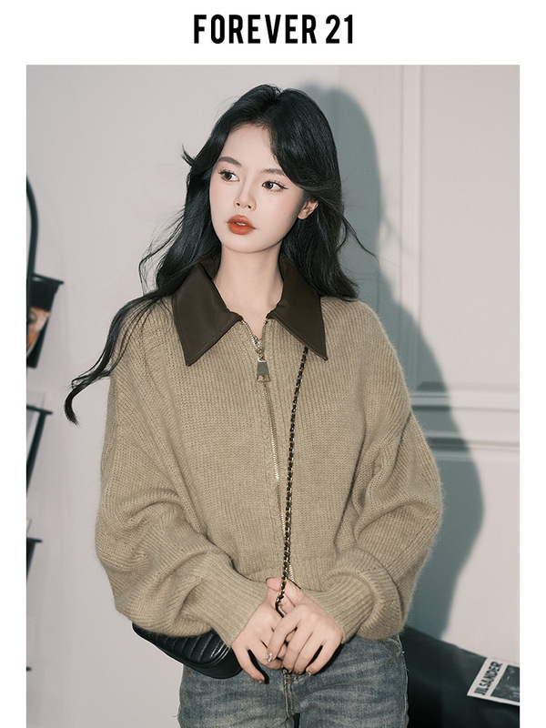 Forever21慵懒卡其色翻领针织开衫上衣女ins宽松软糯休闲毛衣外套|undefined