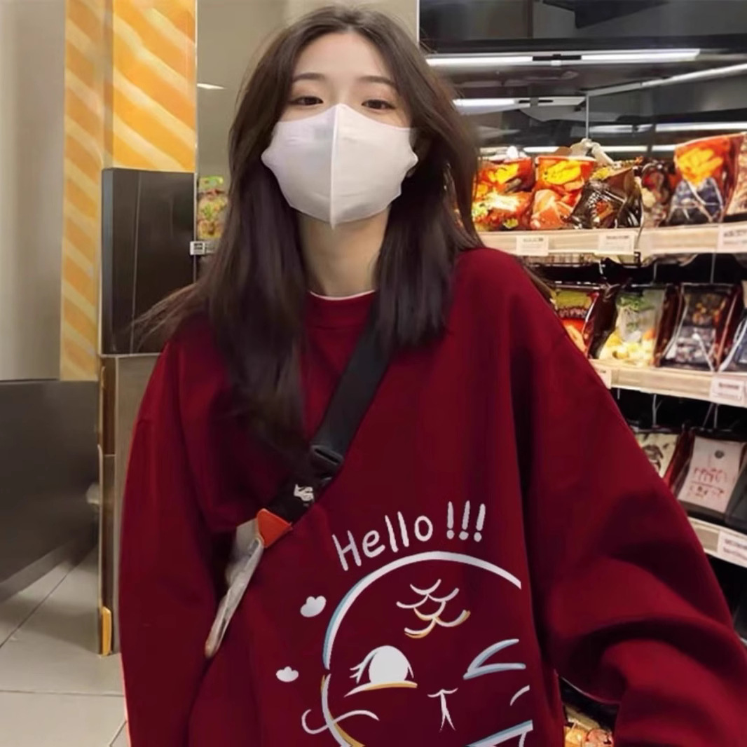 크루 넥 스웨트 셔츠 여성용 가을과 겨울 벨벳 코트 2025 년 스네이크 버건디 루즈 탑