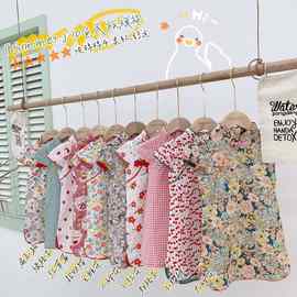 <> 人气爆款女童儿童夏民国碎花卡通棉麻旗袍烫金开衩连衣裙5939