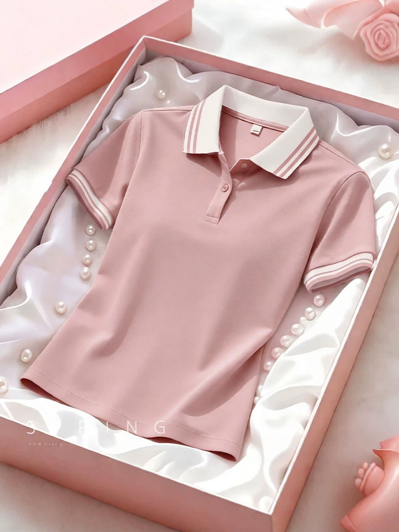 Short-Sleeved Polo Shirt T-Shirt for Women Summer New High-End Versatile Lapel Top Summer Wear Middle-Aged Ladies Workwear T-Shirt