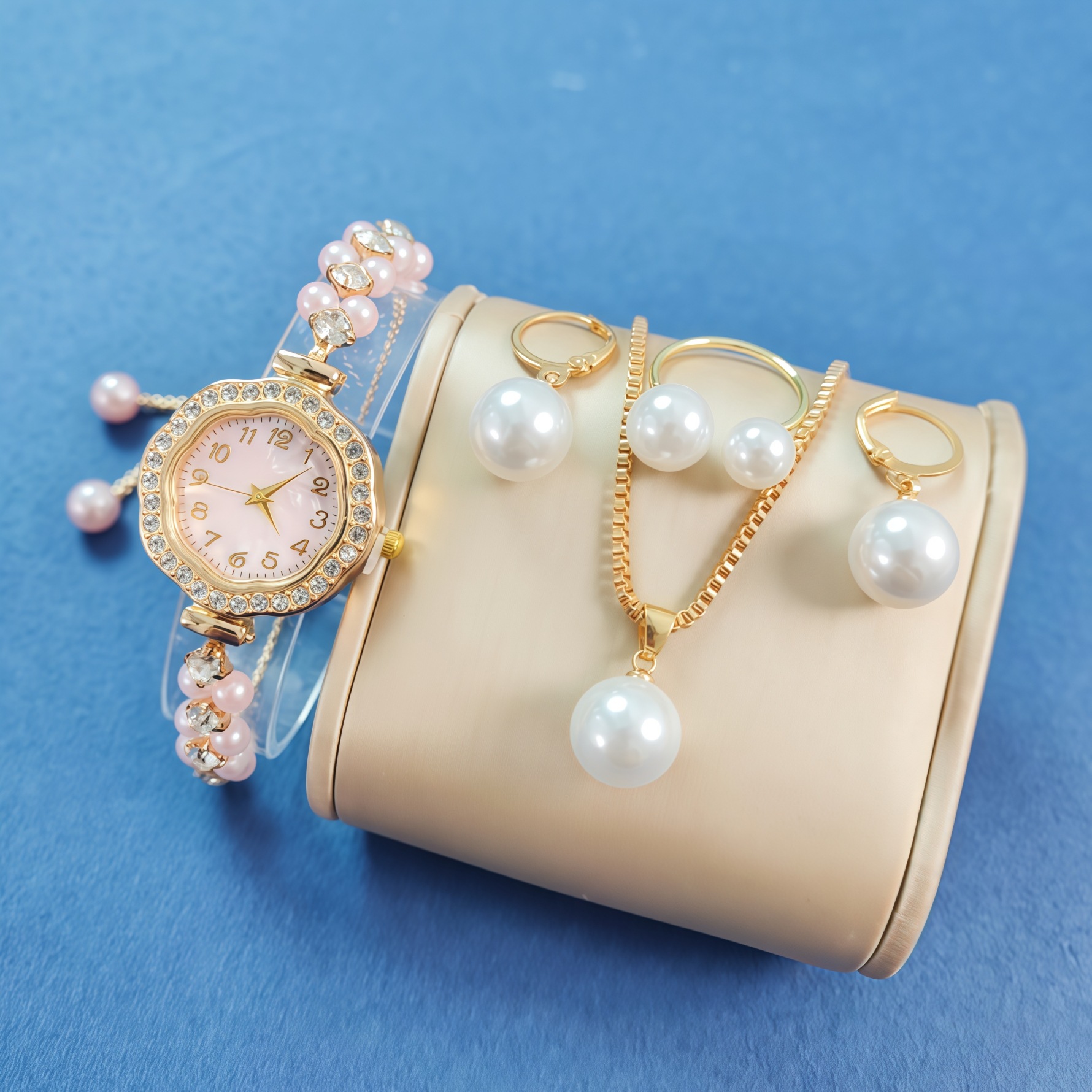 French Romantic Women's Fashion Watch Lazy Pull-Out Colorful Pearl Diamond Temperament Quartz Watch Set