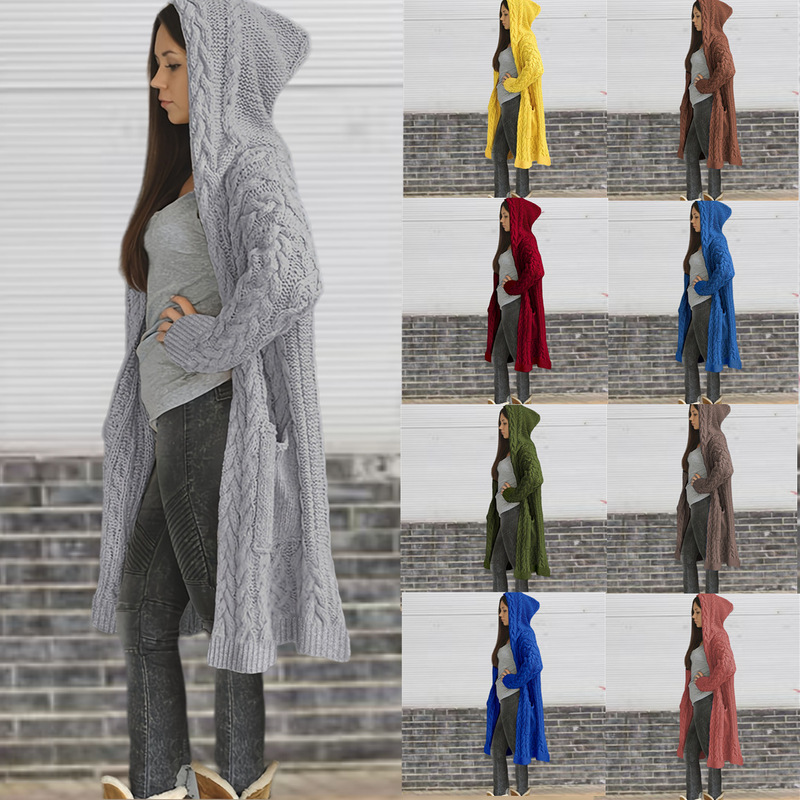 Amazon autumn and winter women's coat knitted cardigan sweater hoodie loose pocket twist mid-length coat for women