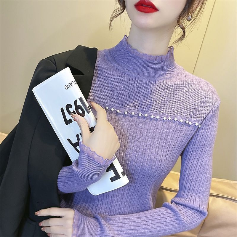 半高领毛衣打底衫女内搭秋冬2025新款时髦洋气蕾丝针织衫套头上衣|undefined
