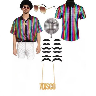 2025 New 70S Boys Classic Casual Retro Glossy Suit Disco Performance Top with Accessories