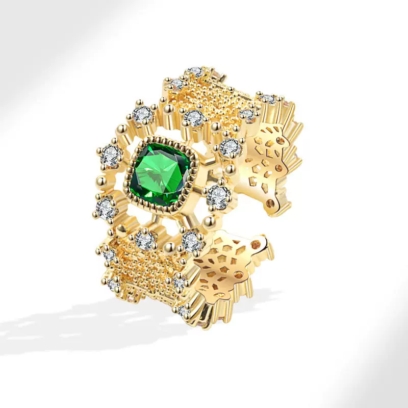 法式复古丝绒感镂空双色祖母绿锆石戒指女中古风轻奢高级感食指戒