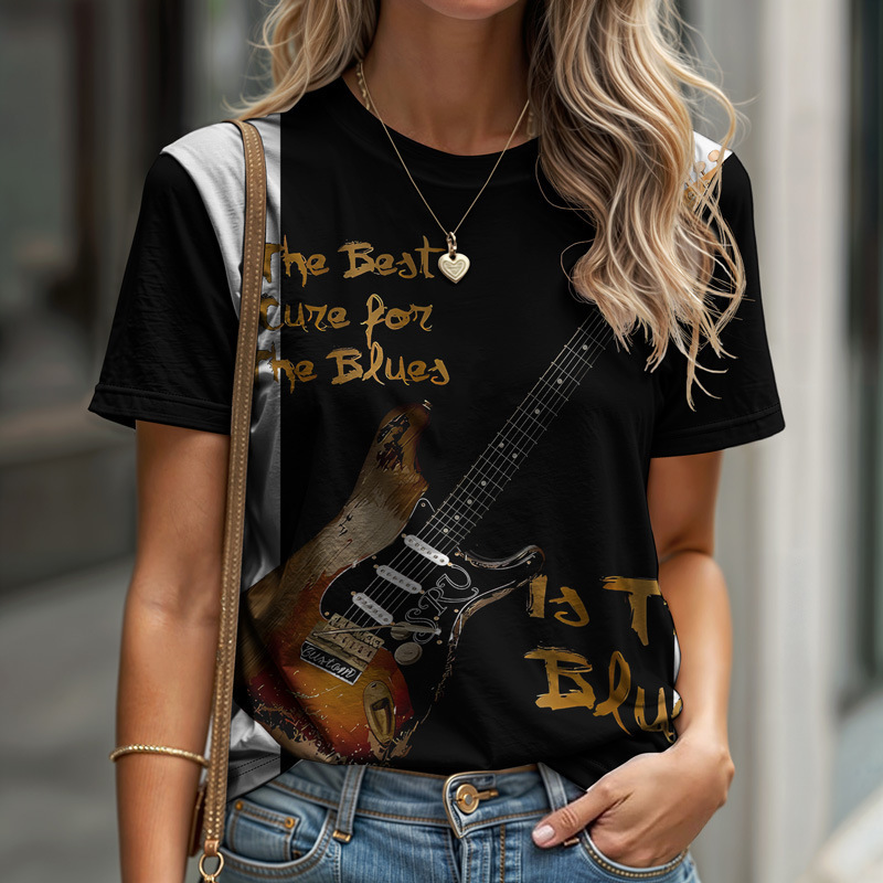 Women's Musical Instrument Round Neck Short Sleeve T-Shirt Summer Casual Lightweight Breathable Fabric Daily Wear 2025 New